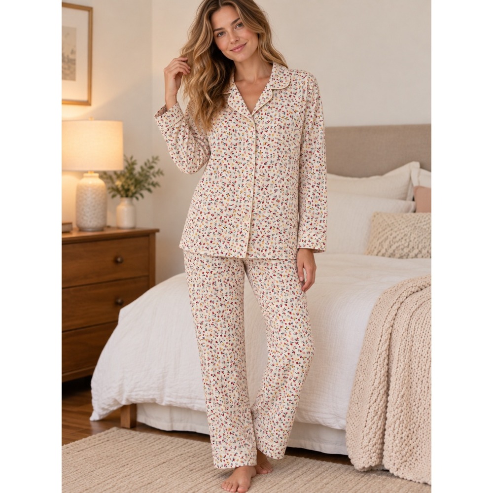 Erika Taylor Intimates Womens Cream Floral 100% Cotton Flannel Pajama Set Size M